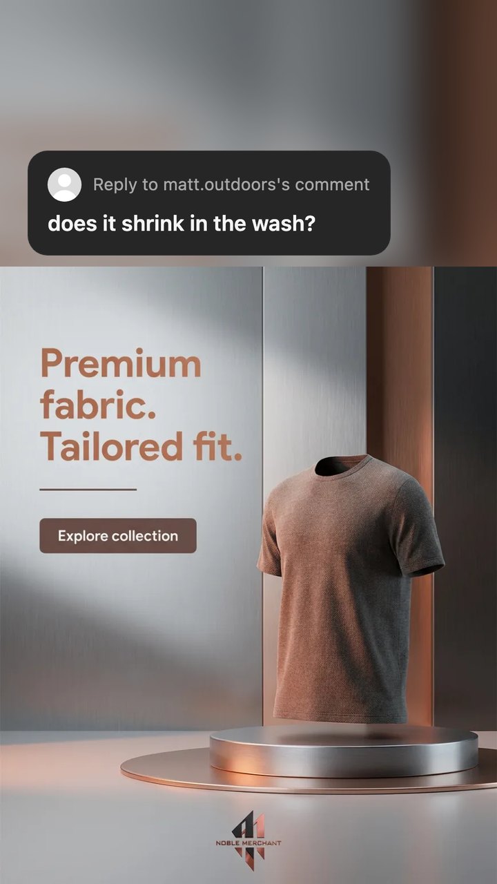 A Noble Merchant t-shirt ad as a Reel still with a dark sticker asking if the shirt shrinks in the wash