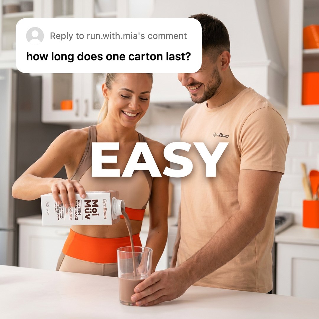A square GymBeam protein ad with a light Reels sticker asking how long one carton lasts