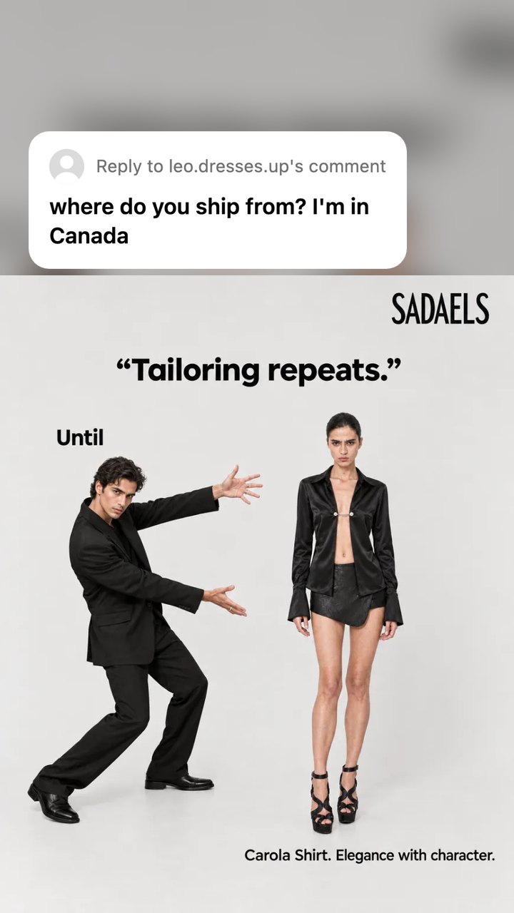 A Sadaels tailoring ad as a Reel still with a light sticker asking where the shop ships from