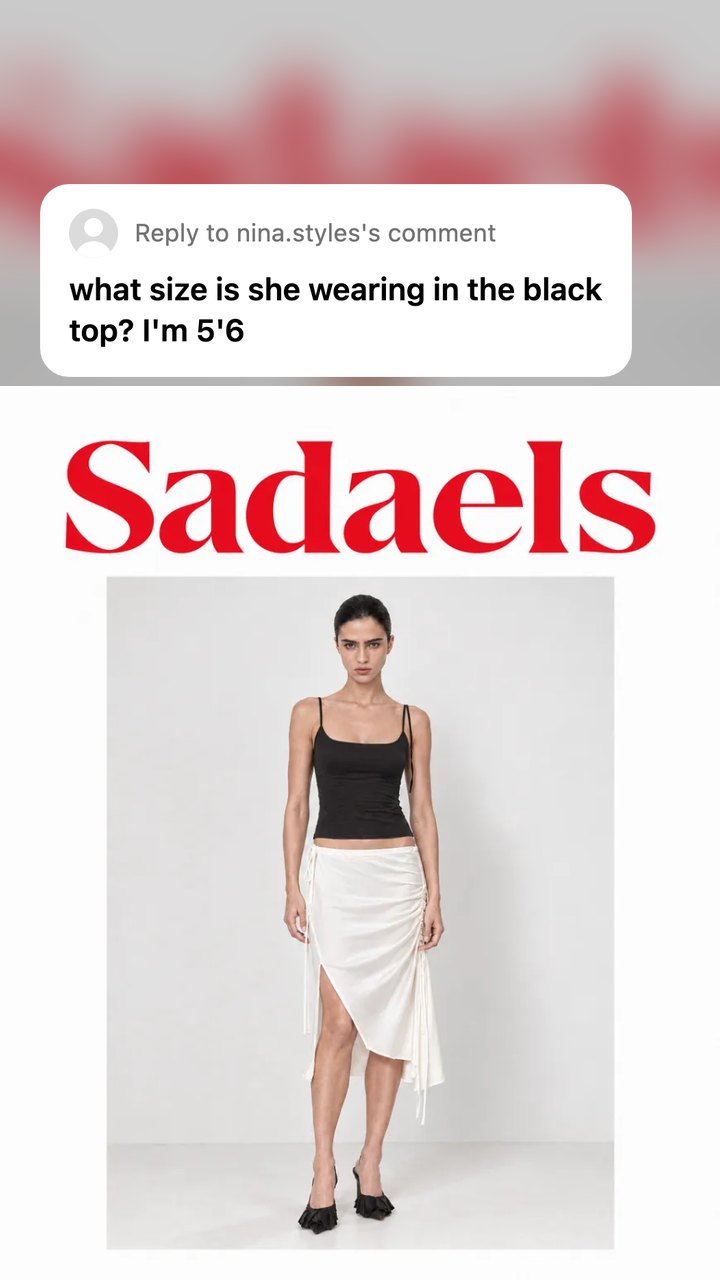 A Sadaels fashion ad as a Reel still with a light sticker asking what size the model wears in the black top
