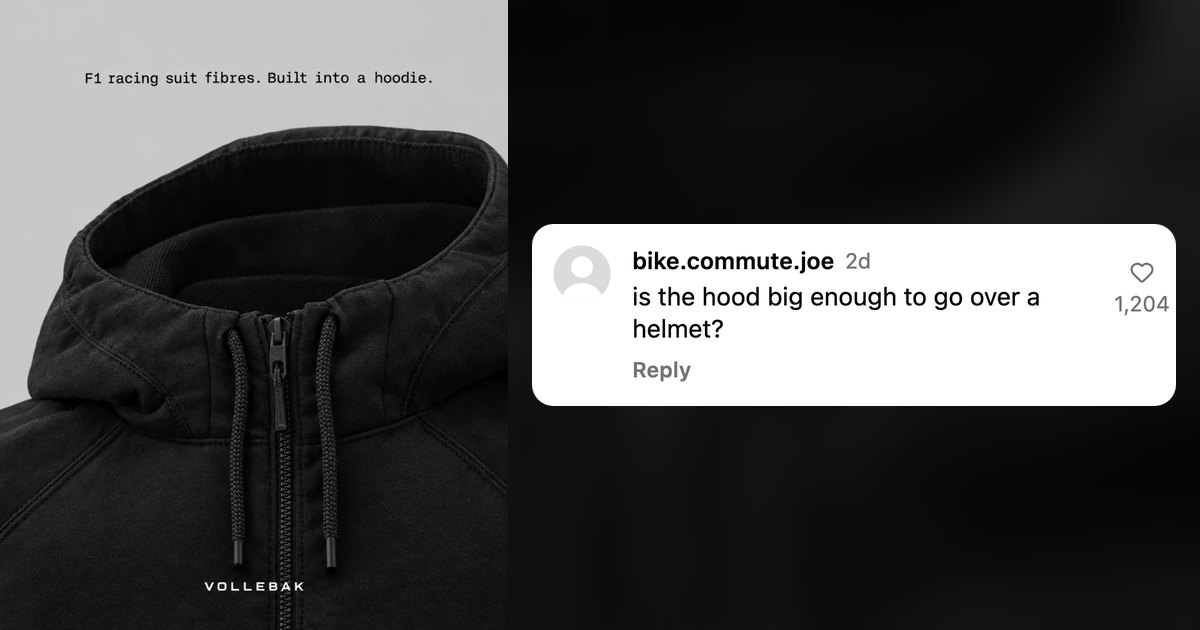 A Vollebak hoodie ad beside a light Instagram comment row asking if the hood fits over a bike helmet