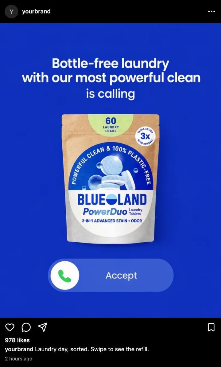 An Instagram post mockup in dark mode, 3:4, with a Selzee ad for Blueland laundry tablets on a blue background