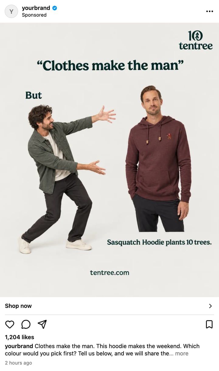 The same tentree picture as an Instagram ad mockup: Sponsored under the name and a Shop now bar under the picture