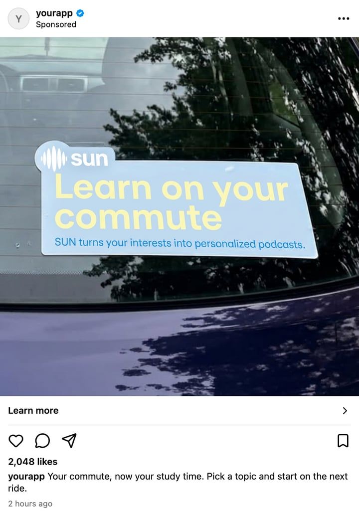 An Instagram ad mockup in light mode, square, with a Learn more bar, showing a Selzee ad for SUN: Learn on your commute