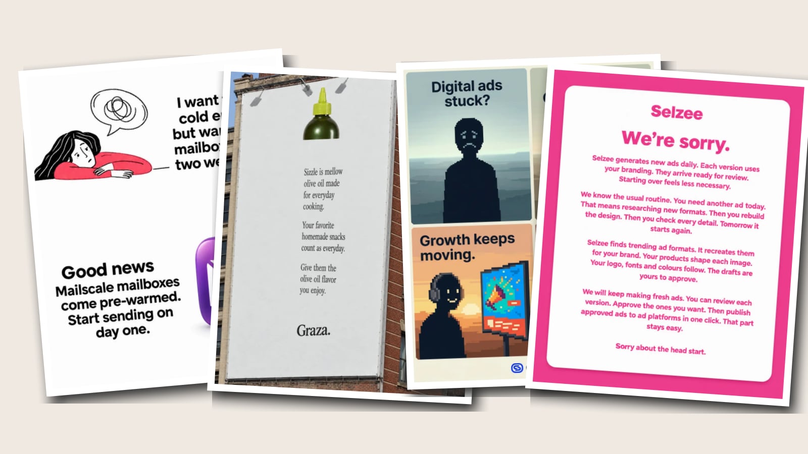 A mood board of four Selzee ads pinned side by side