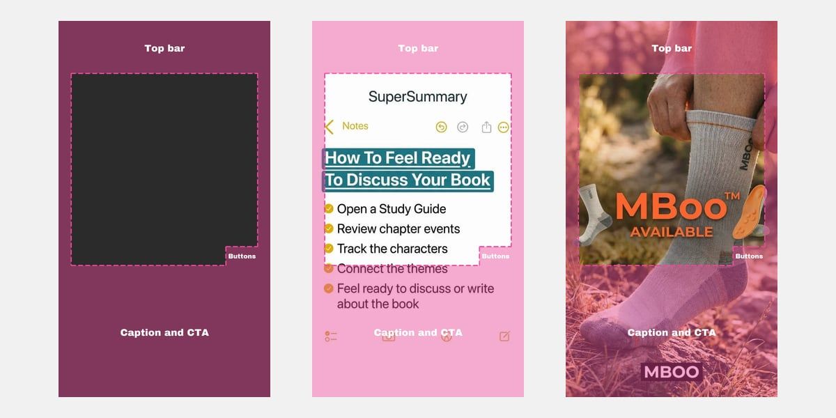 The Instagram Reels safe zone template three times: on its own, over the SuperSummary ad and over the MBoo ad