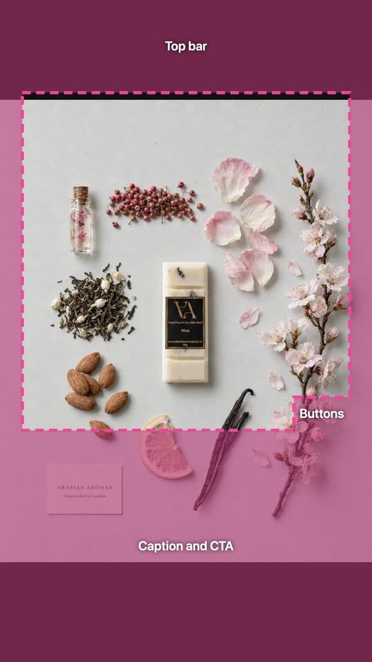A 4:5 Arabian Aromas ad on the Reels screen with the safe zone drawn