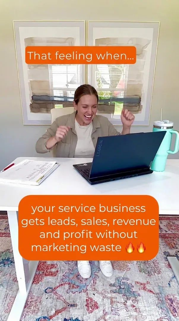 A Selzee ad for Quinn Marketing: a woman cheering at her laptop, with an offer box about leads and sales