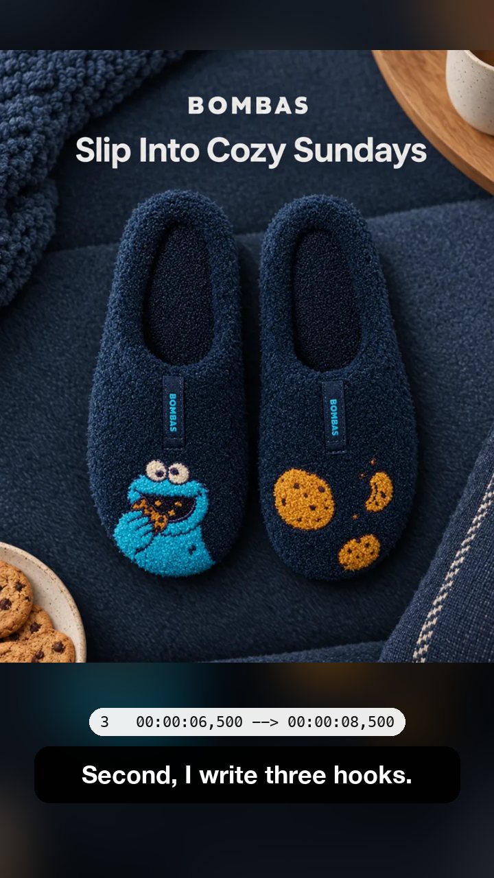A Bombas slippers ad as a Reel with the caption Second, I write three hooks, cue 3 of the SRT file