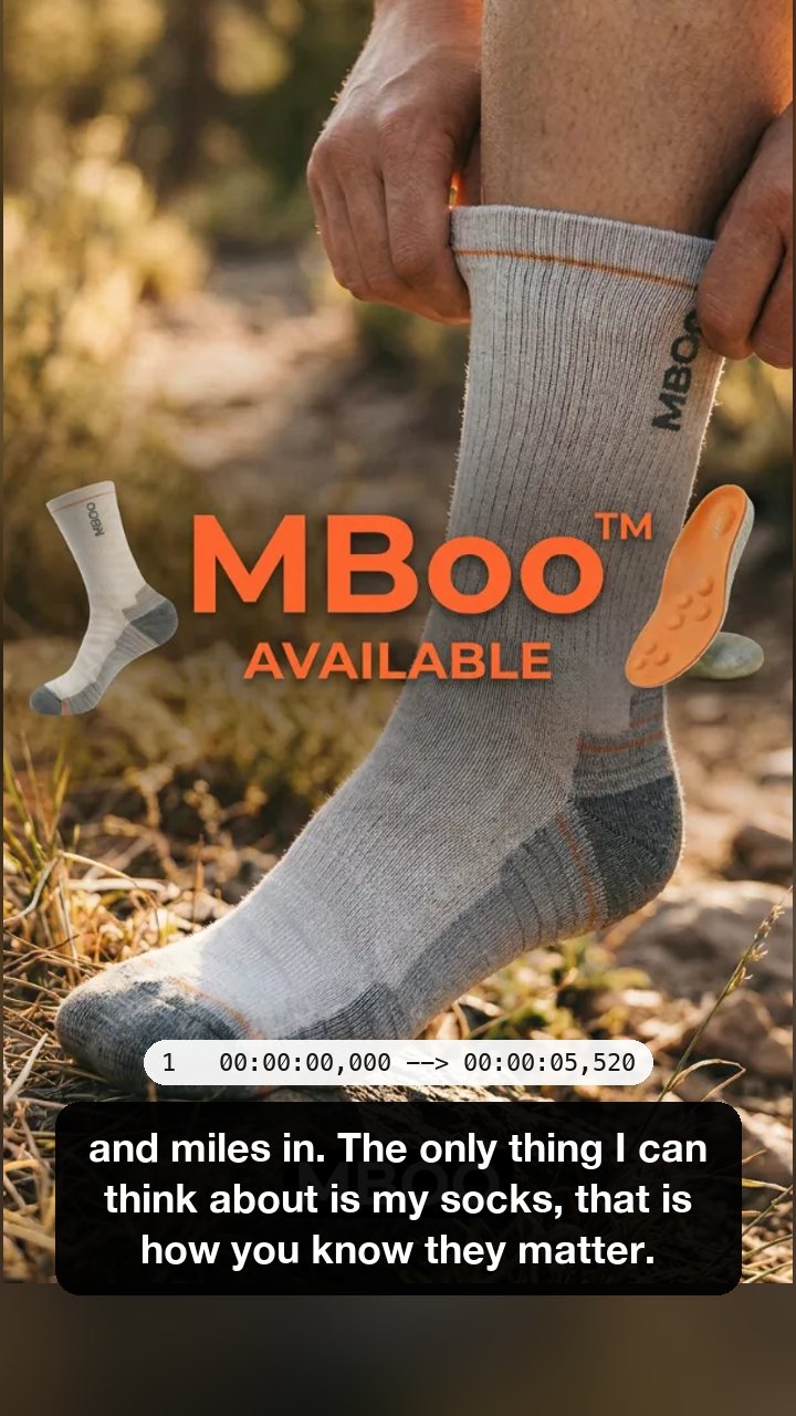 An MBoo socks ad as a Reel with the caption and miles in, where the voiceover said Ten miles in