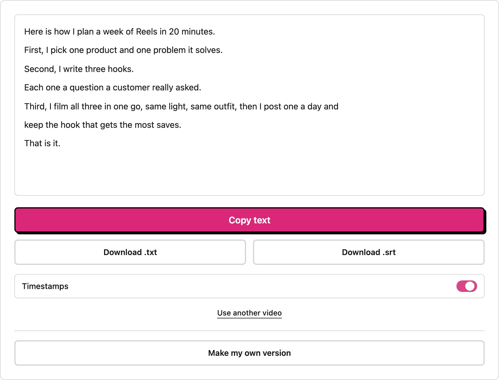 The same transcript with the Timestamps switch off: the lines without times, ready to copy