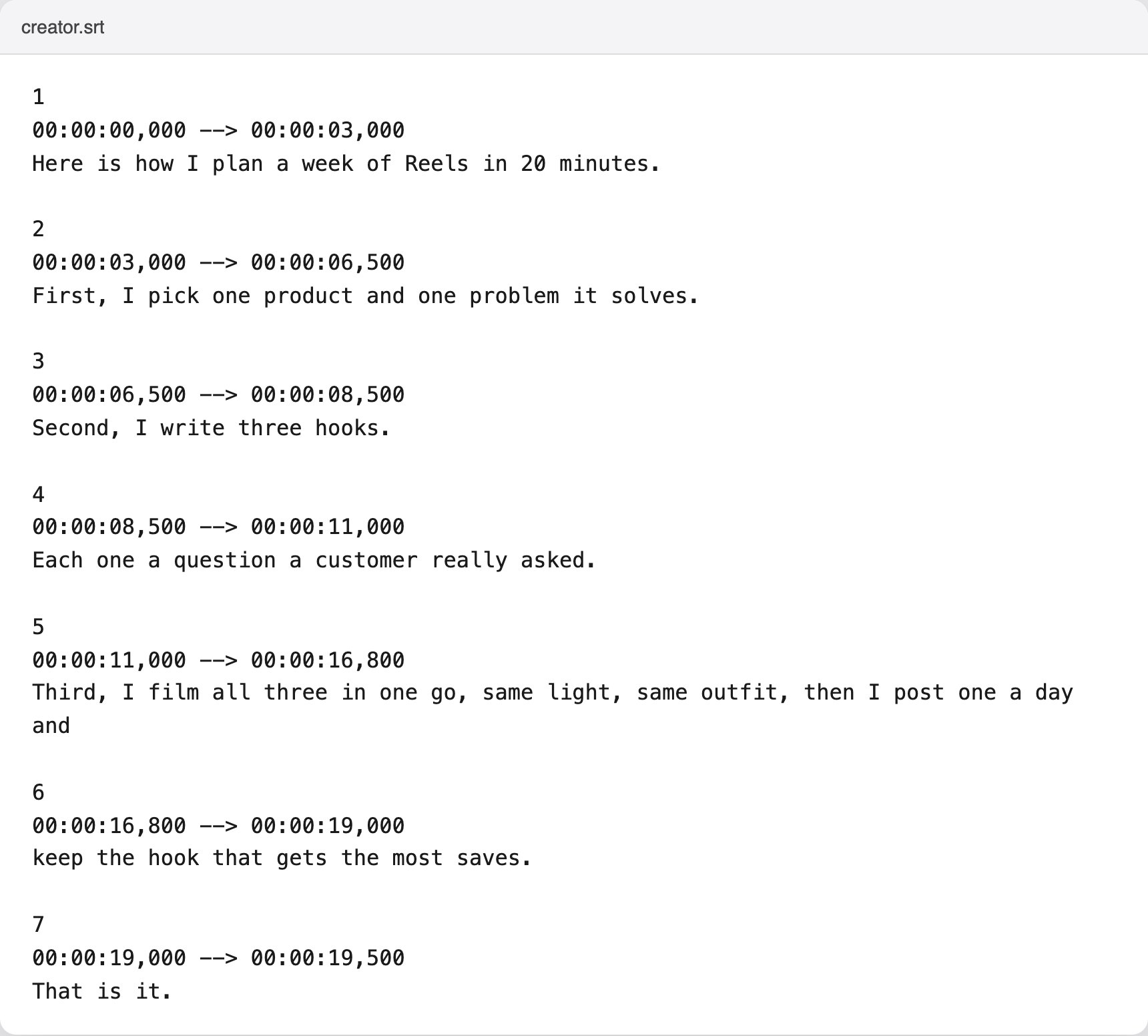 The SRT file the tool saved, opened as text: numbered cues, each with a start and end time and its line