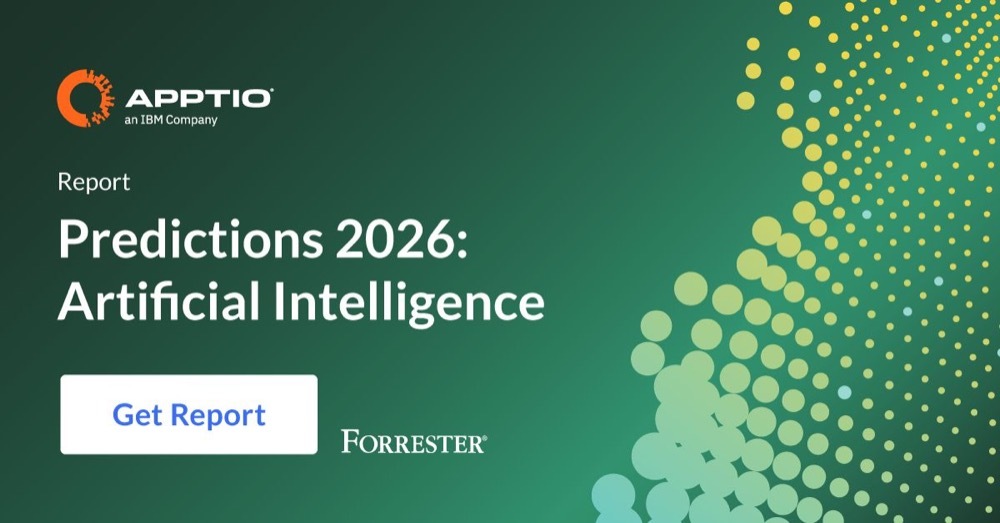 An Apptio, an IBM company, LinkedIn ad for a Forrester report titled Predictions 2026: Artificial Intelligence, with a Get Report button
