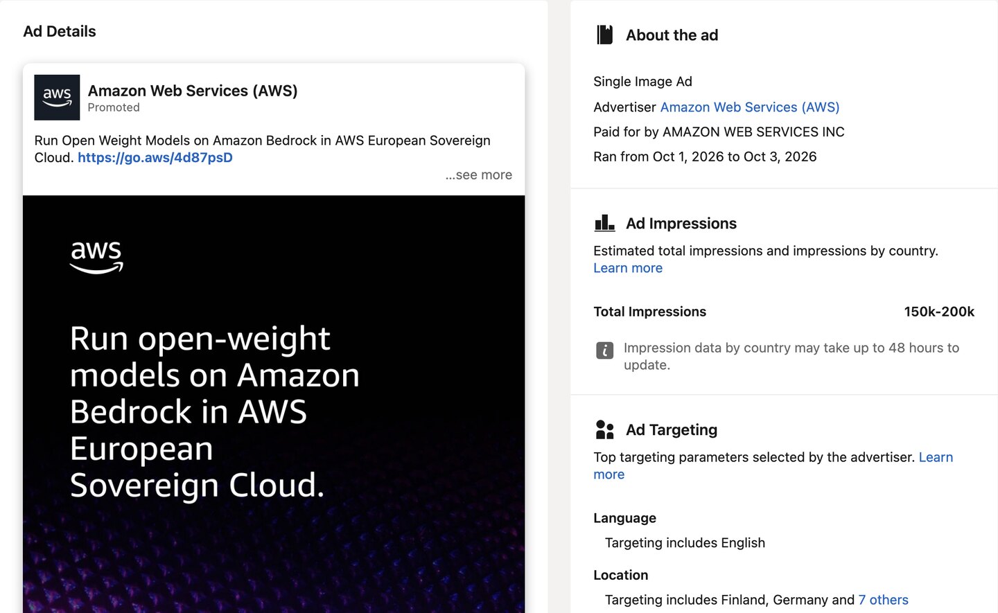 A LinkedIn Ad Library page for an AWS ad aimed at the EU, showing the dates it ran, an impression range of 150k to 200k and its targeting