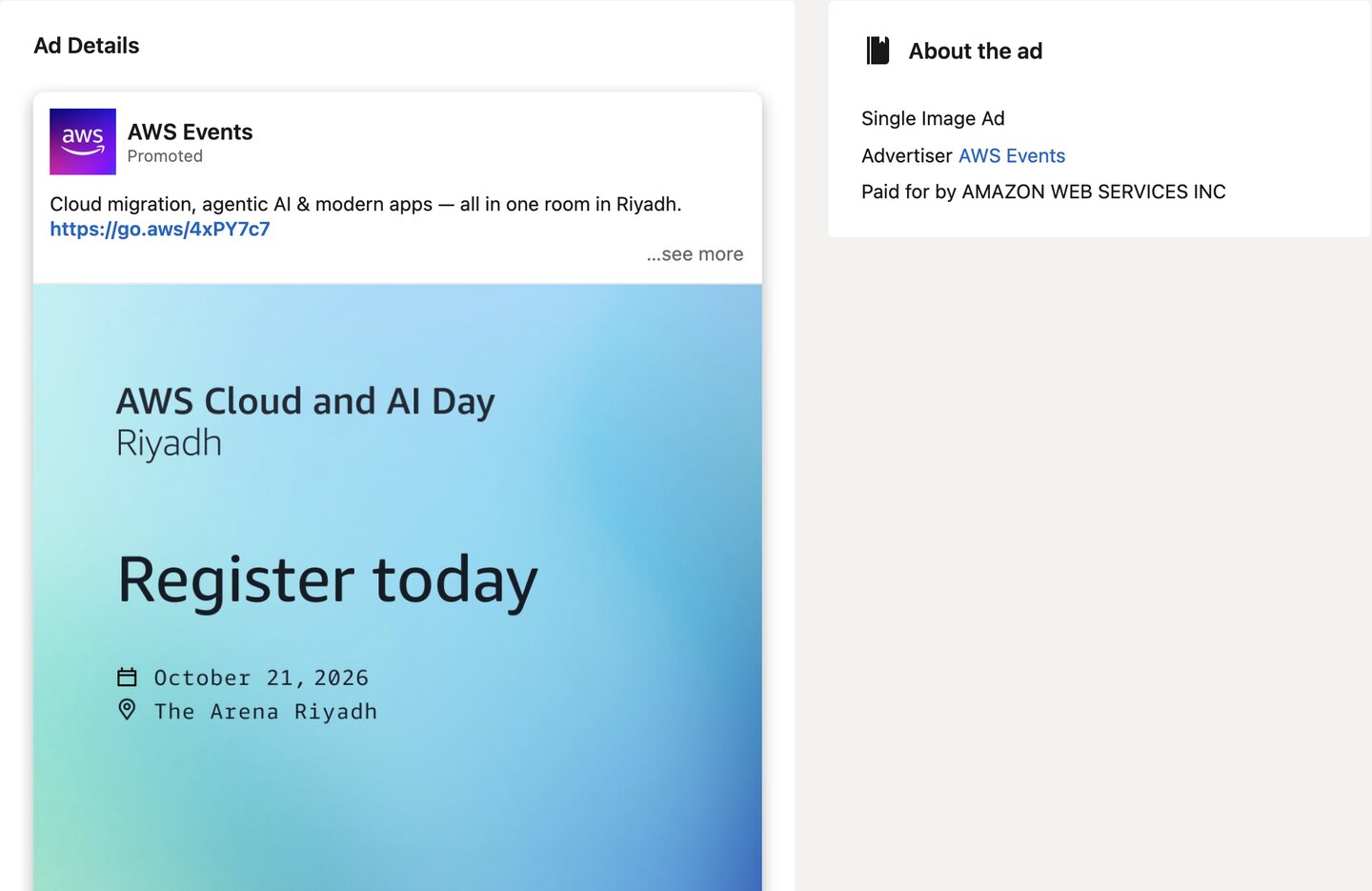 A LinkedIn Ad Library page for an AWS ad aimed outside the EU, showing the creative, format, advertiser and payer, with no dates, impressions or targeting