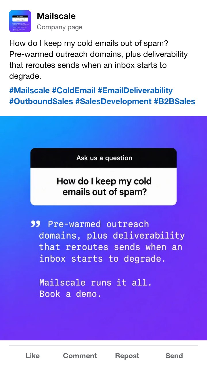 The Mailscale cold email ad as a LinkedIn post, with hashtags for cold email, deliverability and outbound sales