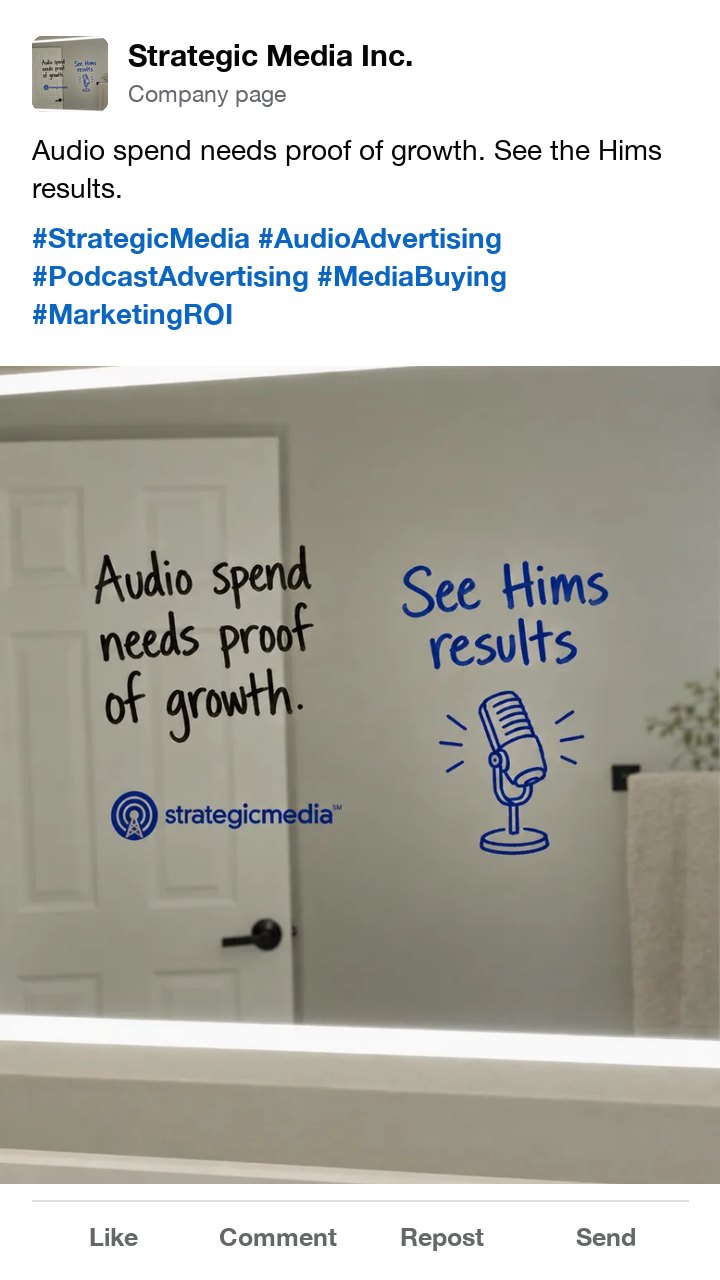 The Strategic Media audio advertising ad as a LinkedIn post, with hashtags for podcast advertising and media buying