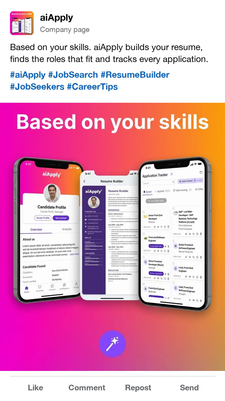 The aiApply resume and job tracker ad as a LinkedIn post, with hashtags for job seekers and resumes