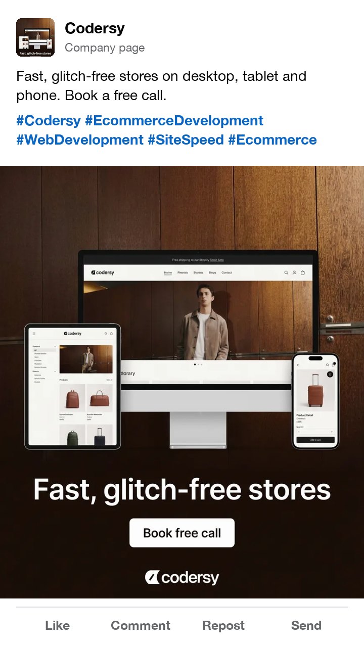 The Codersy fast store ad as a LinkedIn post, with hashtags for ecommerce development and site speed