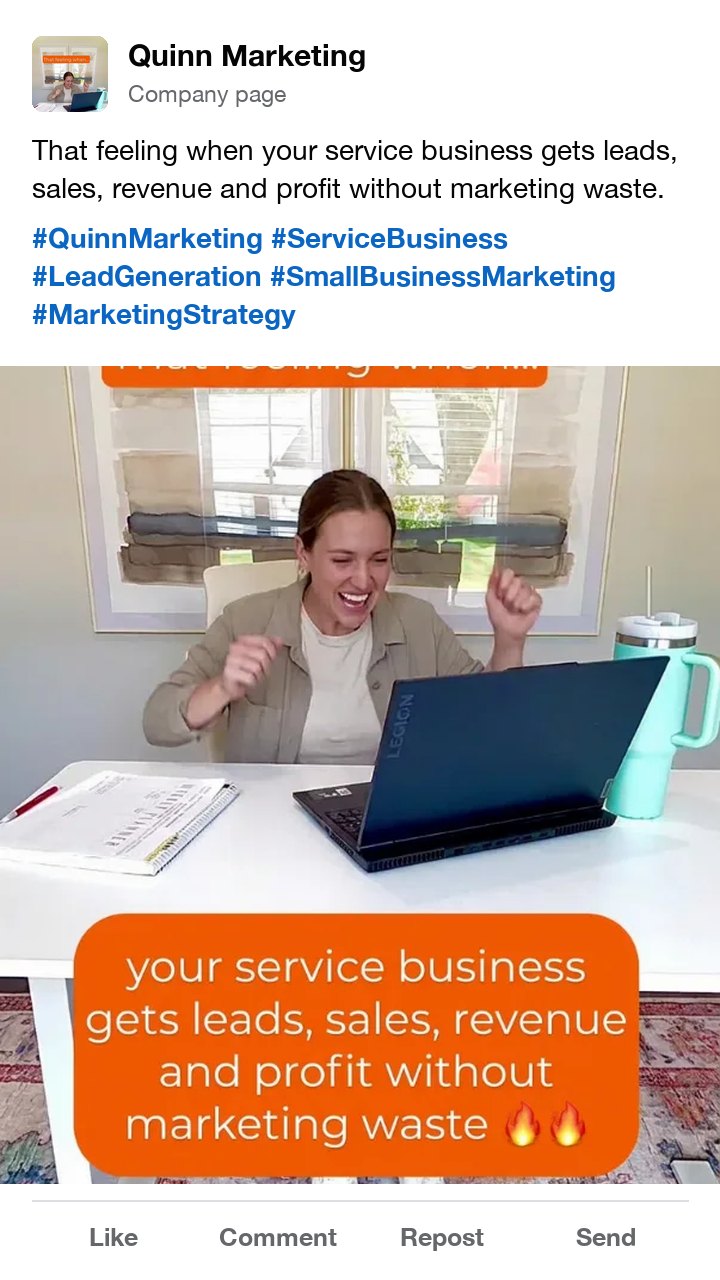 The Quinn Marketing service business ad as a LinkedIn post, with hashtags for lead generation and small business marketing