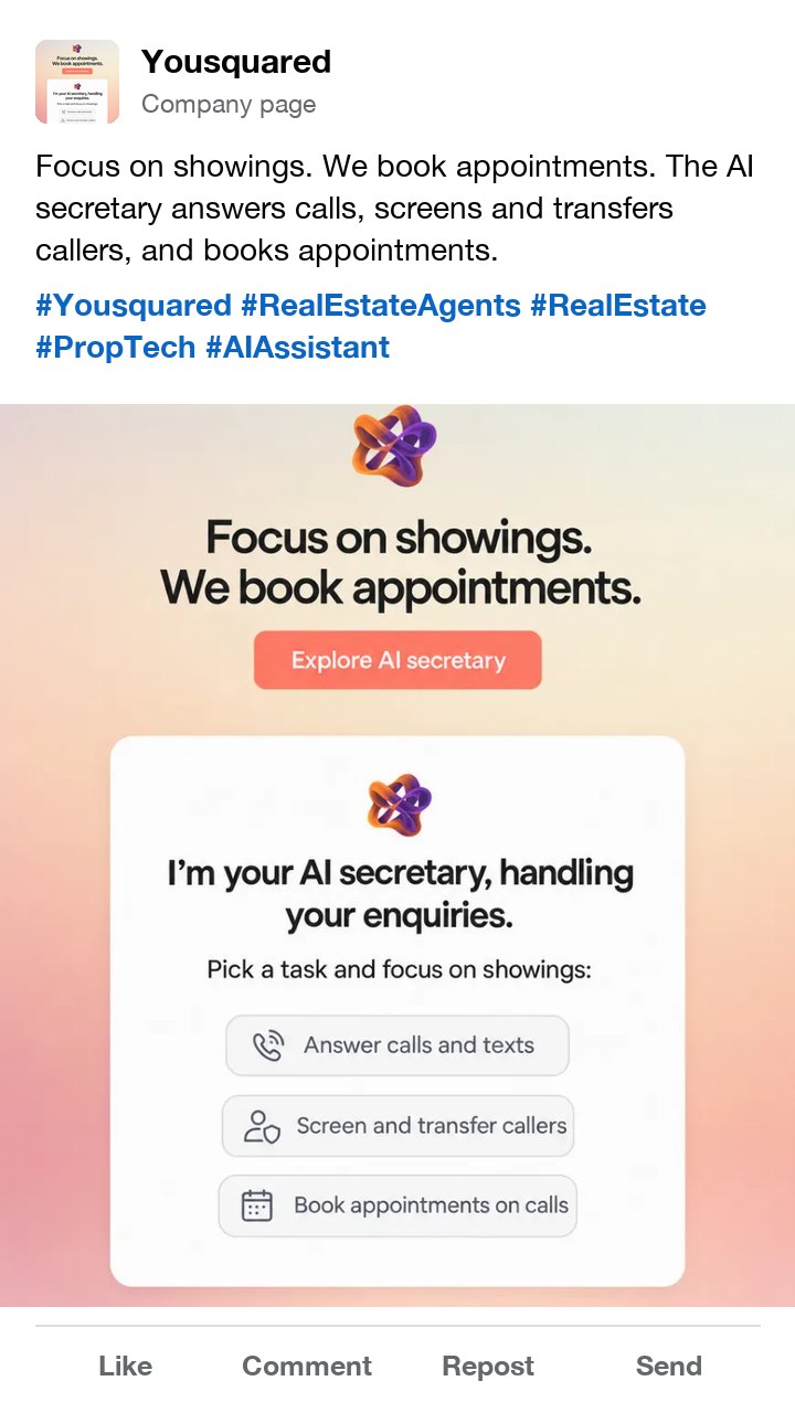 The Yousquared AI secretary ad as a LinkedIn post, with hashtags for real estate agents and proptech