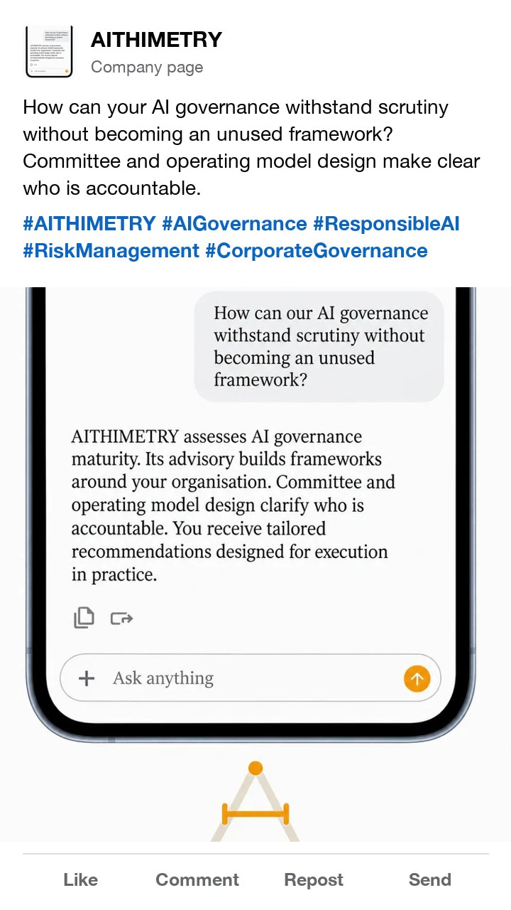 The AITHIMETRY AI governance ad as a LinkedIn post, with hashtags for AI governance and risk management