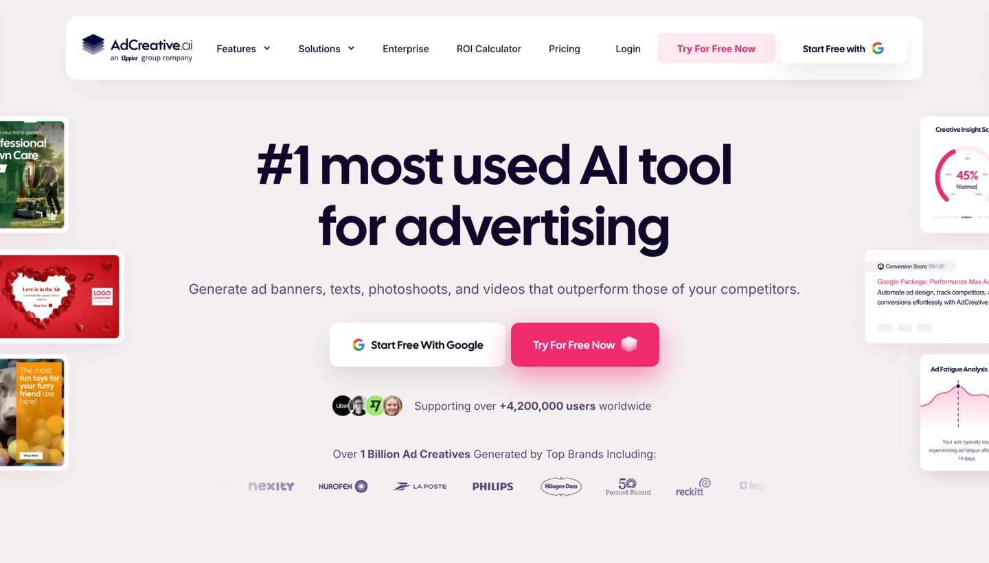 AdCreative.ai homepage with the headline #1 most used AI tool for advertising and Try For Free Now buttons