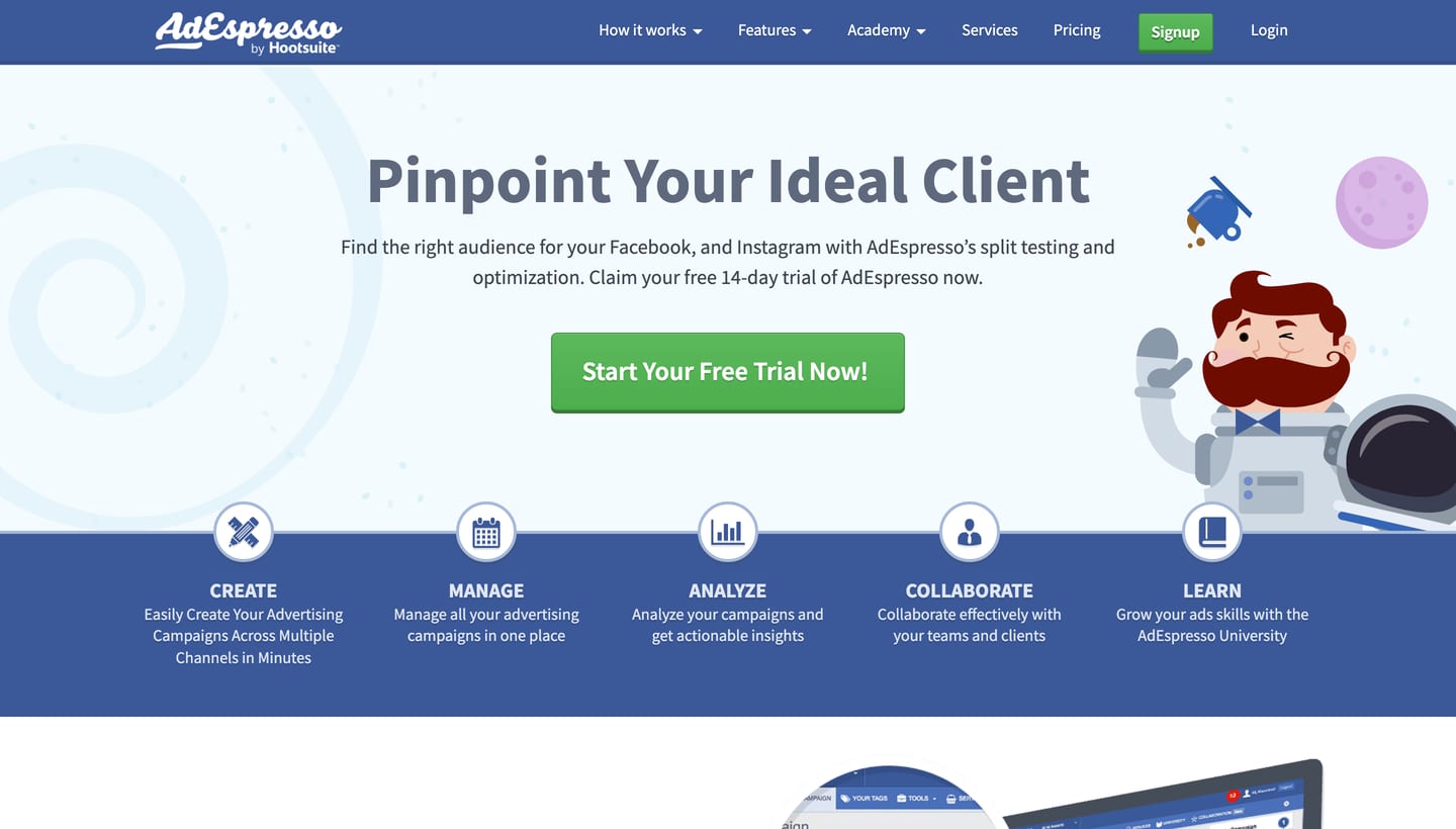 AdEspresso by Hootsuite homepage with the headline Pinpoint Your Ideal Client and a free 14-day trial button