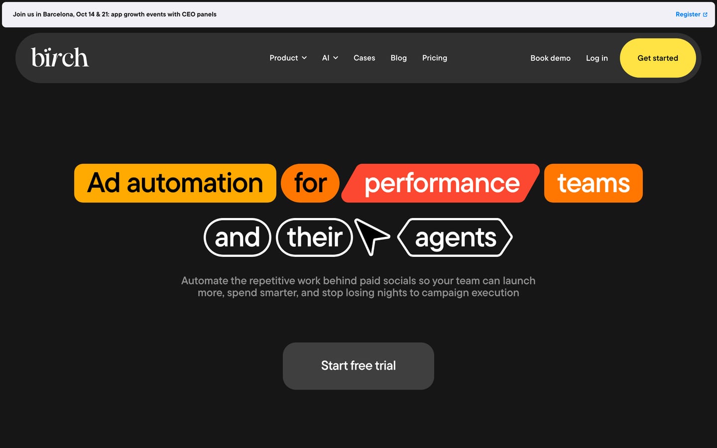 Birch homepage, formerly Revealbot, with the headline Ad automation for performance teams and their agents