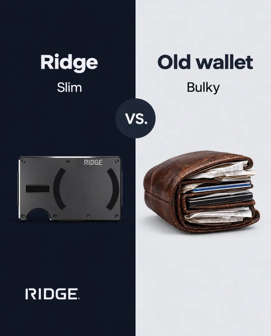 A static ad Selzee made for Ridge: a slim Ridge wallet against a bulky old leather wallet, Slim vs. Bulky