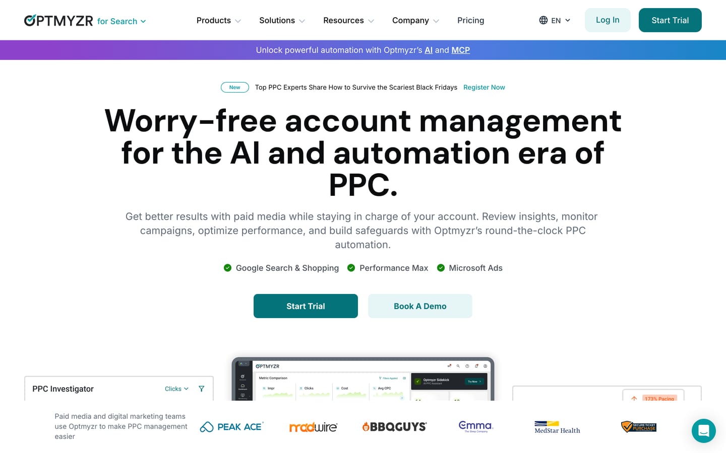 Optmyzr homepage with the headline Worry-free account management for the AI and automation era of PPC