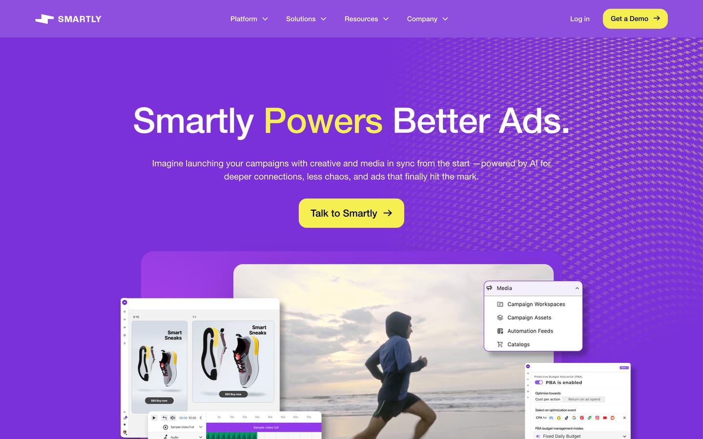 Smartly homepage with the headline Smartly Powers Better Ads and a Talk to Smartly button