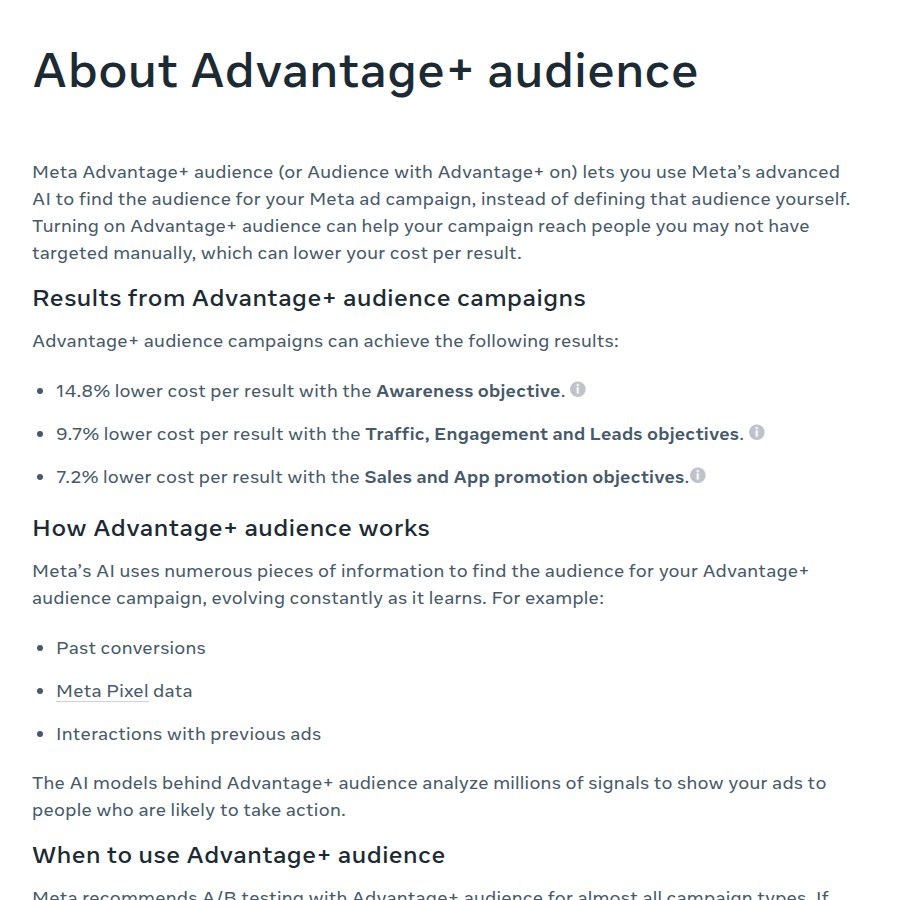 Meta Business Help Center page About Advantage+ audience, listing 14.8%, 9.7% and 7.2% lower cost per result by objective
