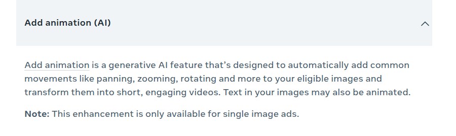 Meta Business Help Center entry for Add animation, which turns eligible images into short videos, for single image ads only