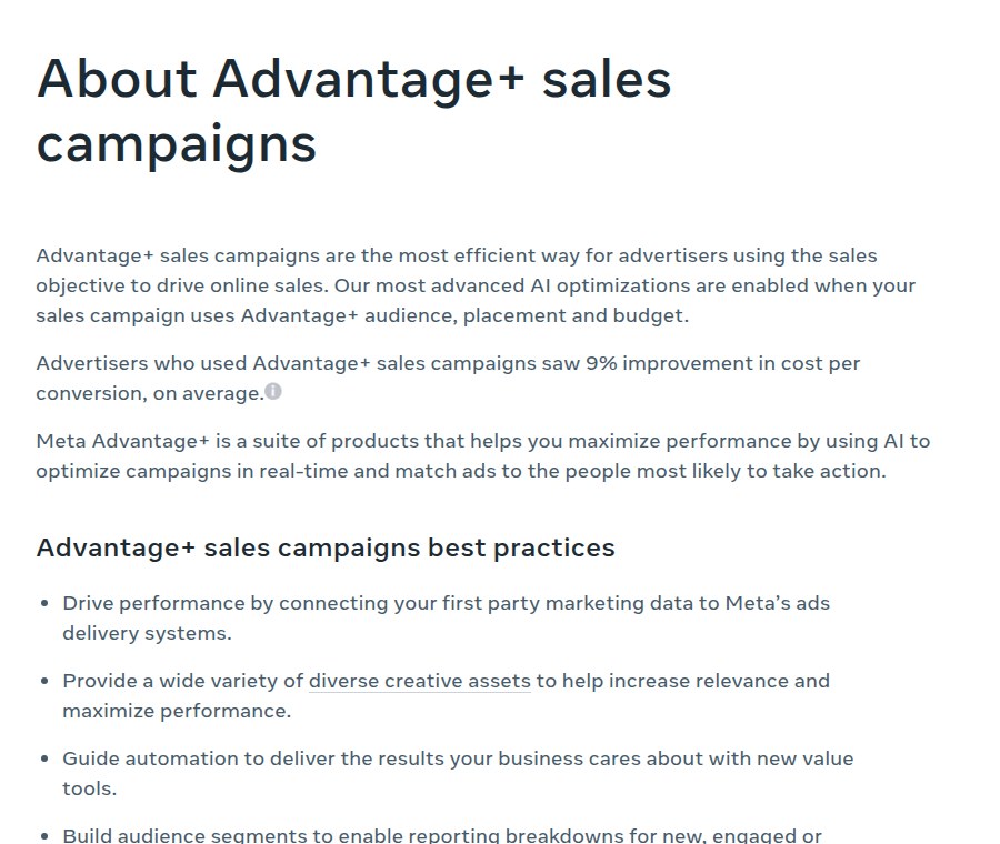 Meta Business Help Center page About Advantage+ sales campaigns, with the 9% improvement in cost per conversion