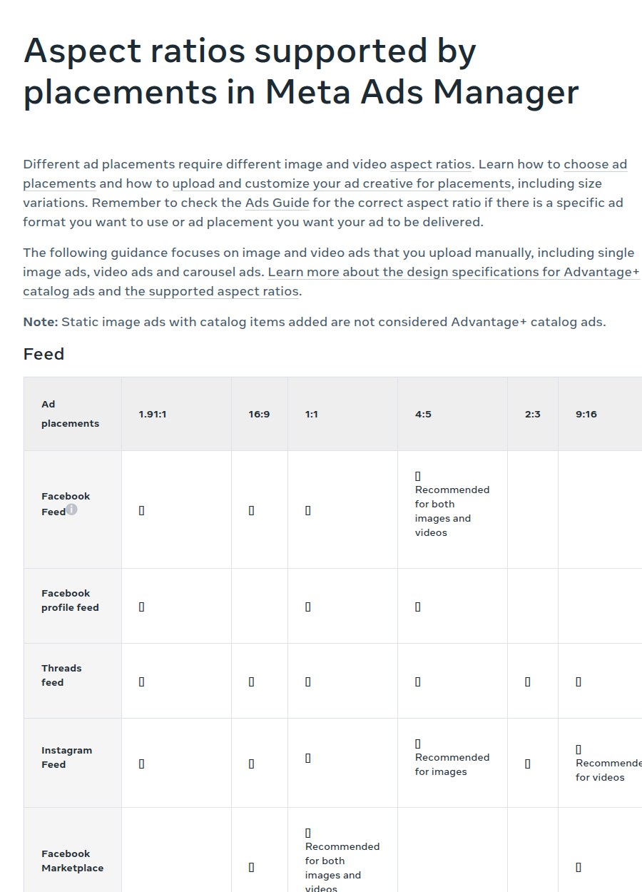 Meta Business Help Center page Aspect ratios supported by placements, with feed and Stories and Reels ratios