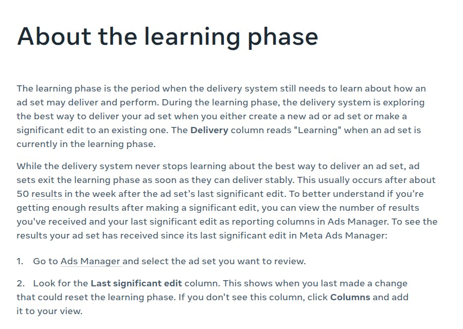 Meta Business Help Center page About the learning phase, saying ad sets exit learning after about 50 results in the week after the last significant edit