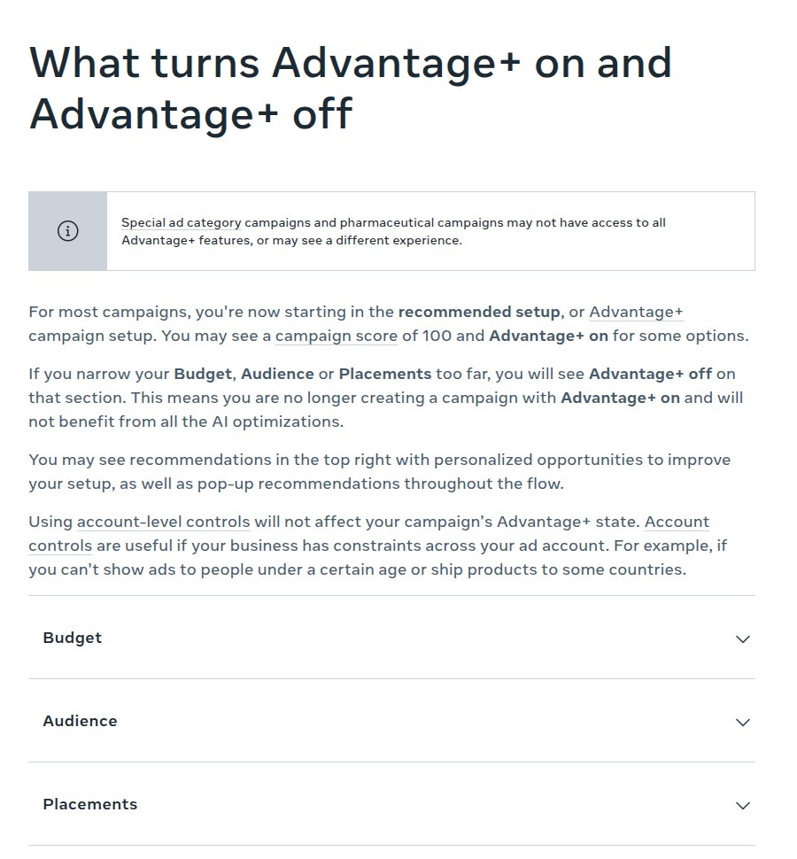 Meta Business Help Center page What turns Advantage+ on and Advantage+ off, with the Budget, Audience and Placements sections