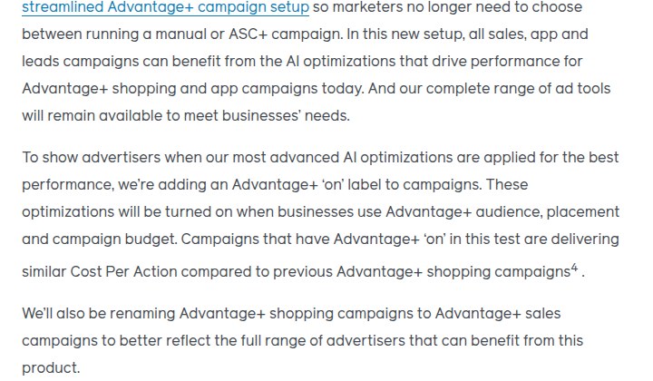 Meta for Business post of 6 Feb 2025 announcing the rename of Advantage+ shopping campaigns to Advantage+ sales campaigns
