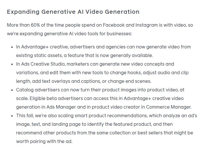 Meta for Business post of 6 Oct 2026 saying advertisers can now generate video from existing static assets in Advantage+ creative