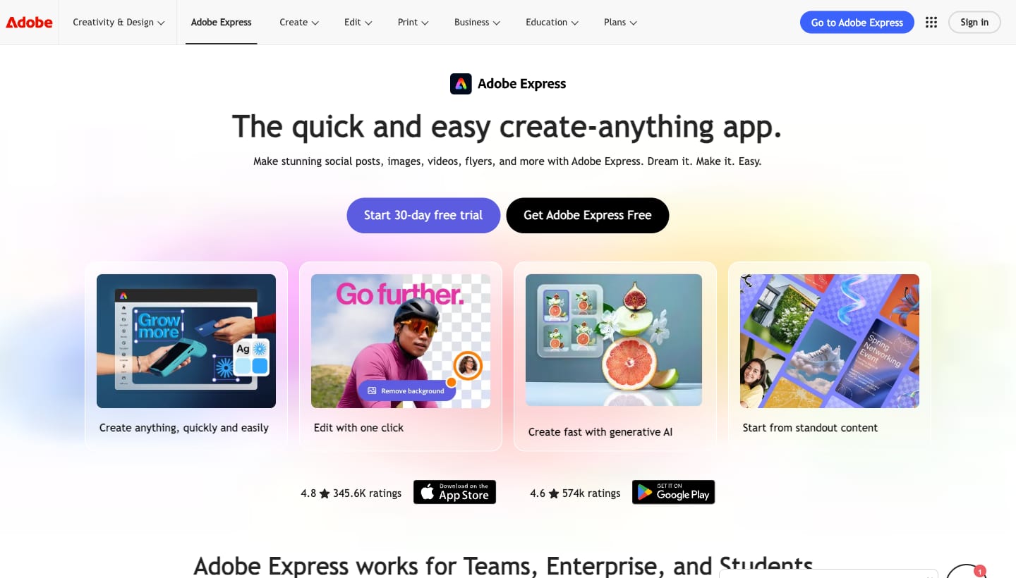Screenshot of the Adobe Express homepage with the headline "The quick and easy create-anything app." and a free trial button