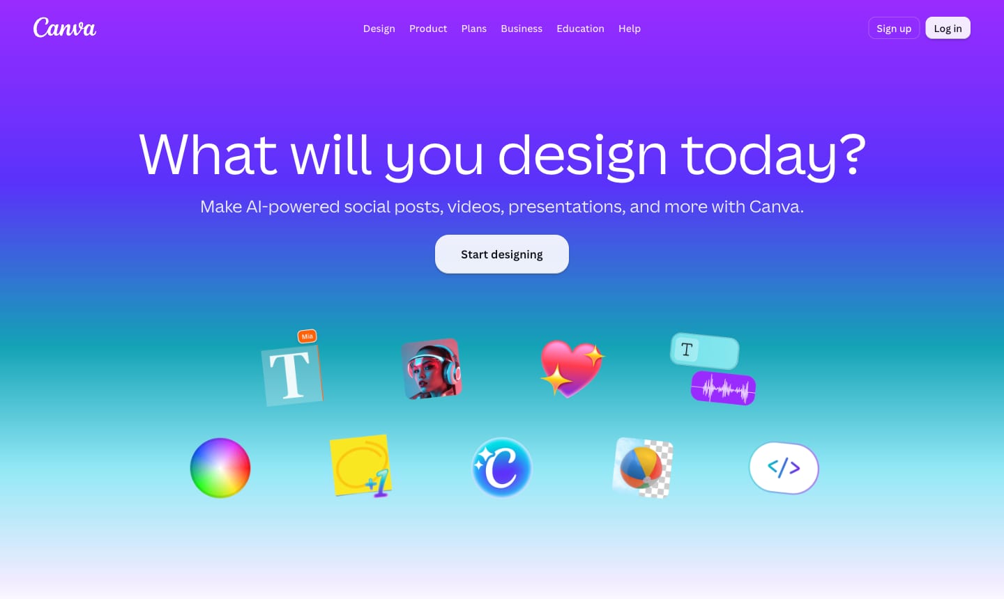 Screenshot of the Canva homepage with the headline "What will you design today?" and a Start designing button