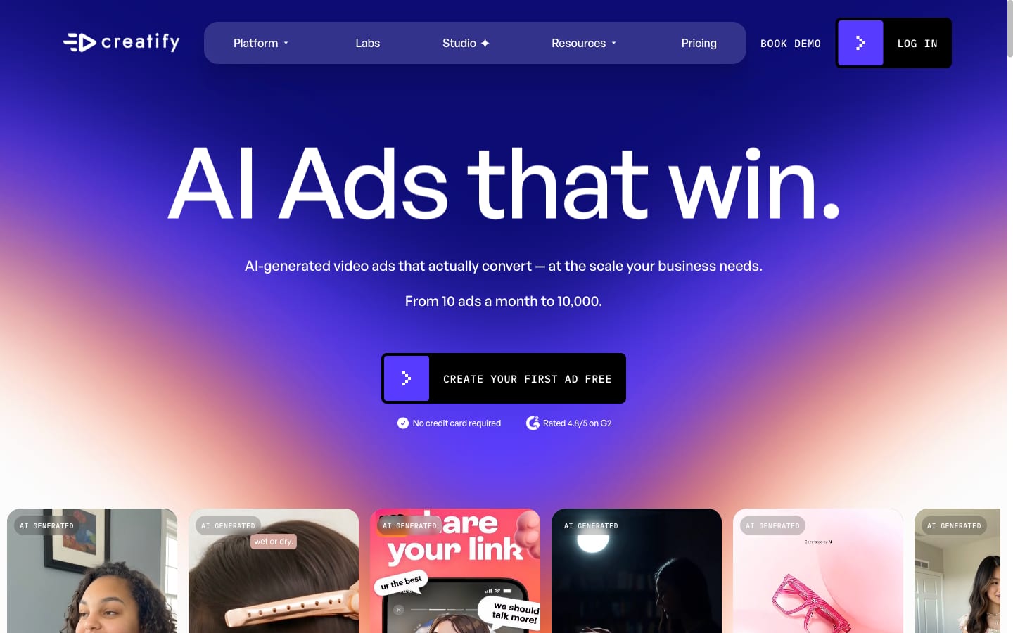 Screenshot of the Creatify homepage with the headline "AI Ads that win." above a row of AI-generated video ads