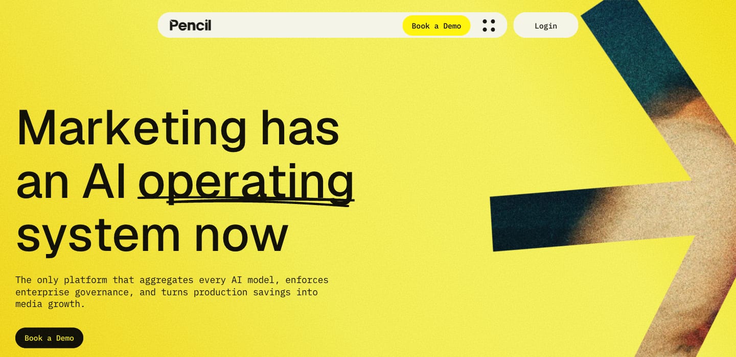 Screenshot of the Pencil homepage with the headline "Marketing has an AI operating system now" on a yellow background