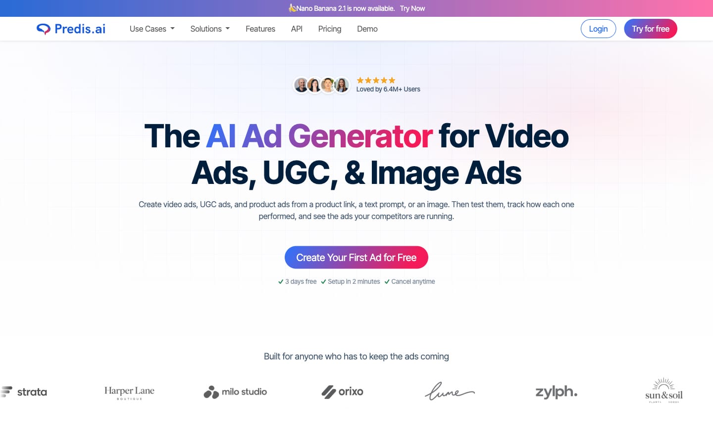 Screenshot of the Predis.ai homepage with the headline "The AI Ad Generator for Video Ads, UGC, & Image Ads" and a free first ad button