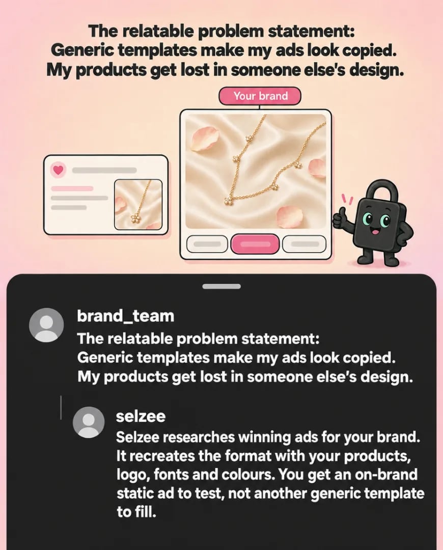 Selzee ad quoting the problem "Generic templates make my ads look copied" above a jewellery ad in the brand's own style