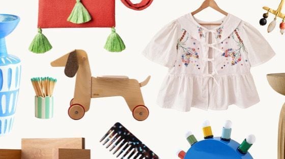 Etsy's profile cover: toys, a dress and craft supplies on white