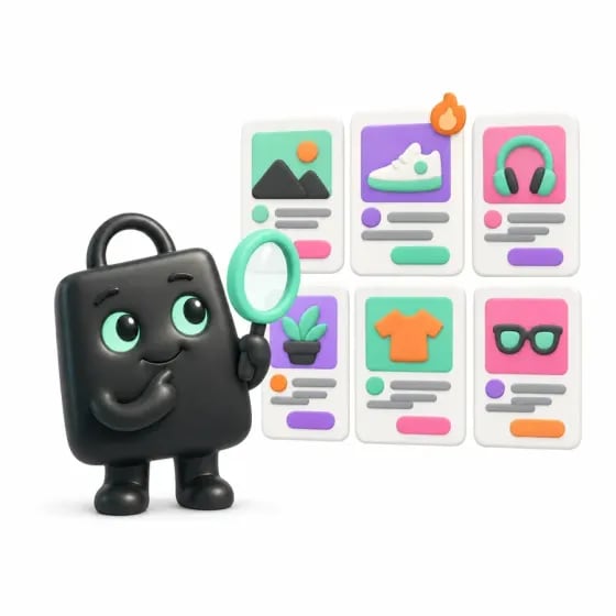 Selzy, the Selzee mascot, looking at a wall of competitor ads through a magnifier