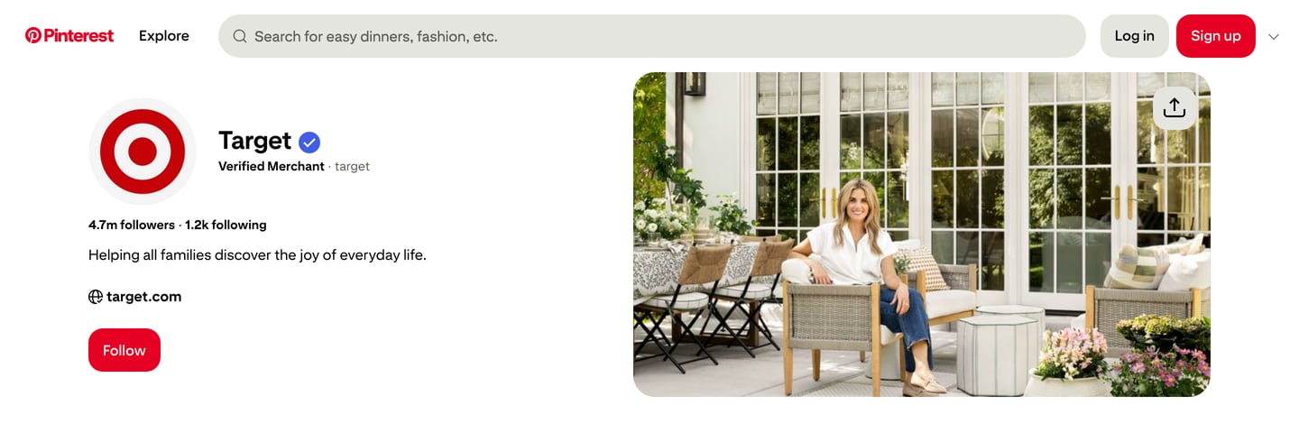 Target's Pinterest profile on a computer: the round logo on the left, the cover on the right