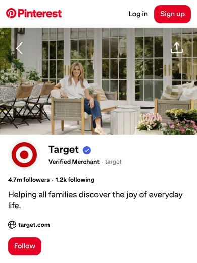 Target's Pinterest profile on a phone: the cover across the top with a Back and a Share button over it